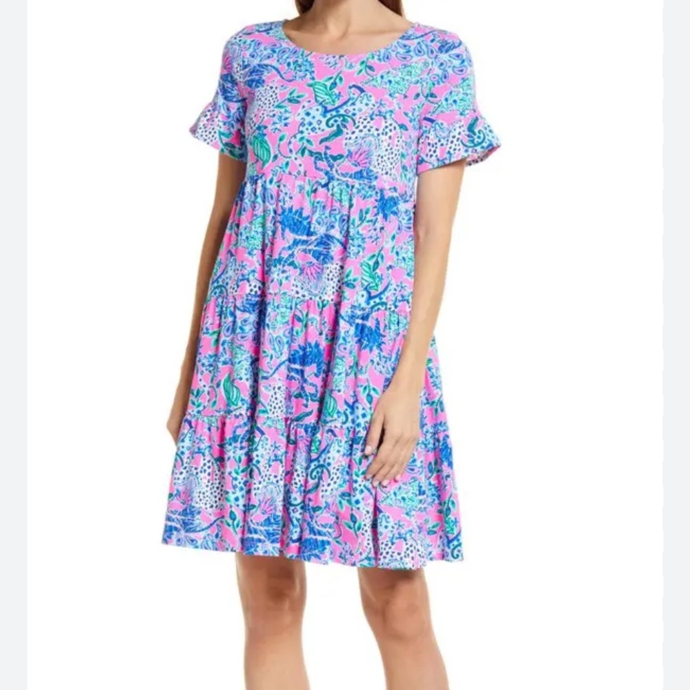 New Lilly Pulitzer Geanna Flutter Sleeve Green Ruffled Smocked Dress - Picture 3 of 14